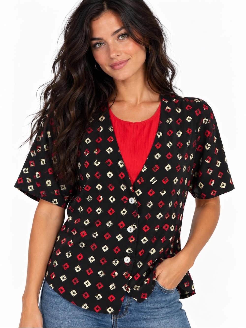 Vintage 90s Koret Blouse Size 12 Black Red Geometric Button Front 2 in 1 Top